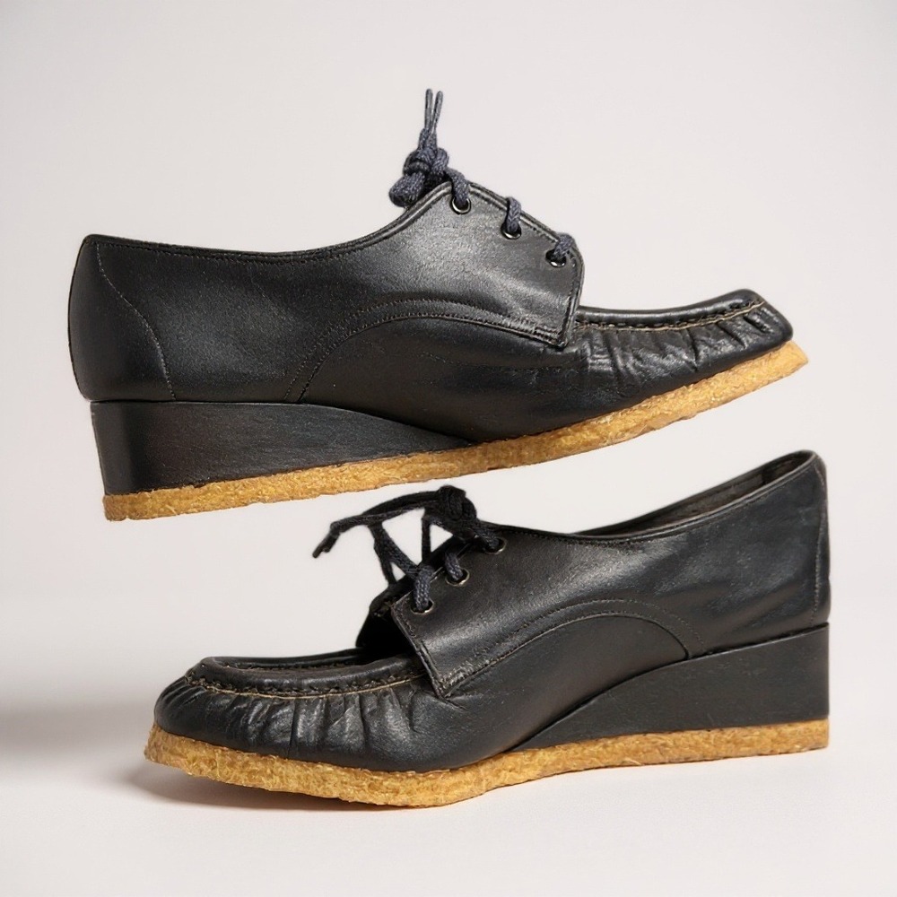 Naturalizer Wedge Oxford Vintage Navy Blue Crepe Sole Leather 8.5B Dark Academia